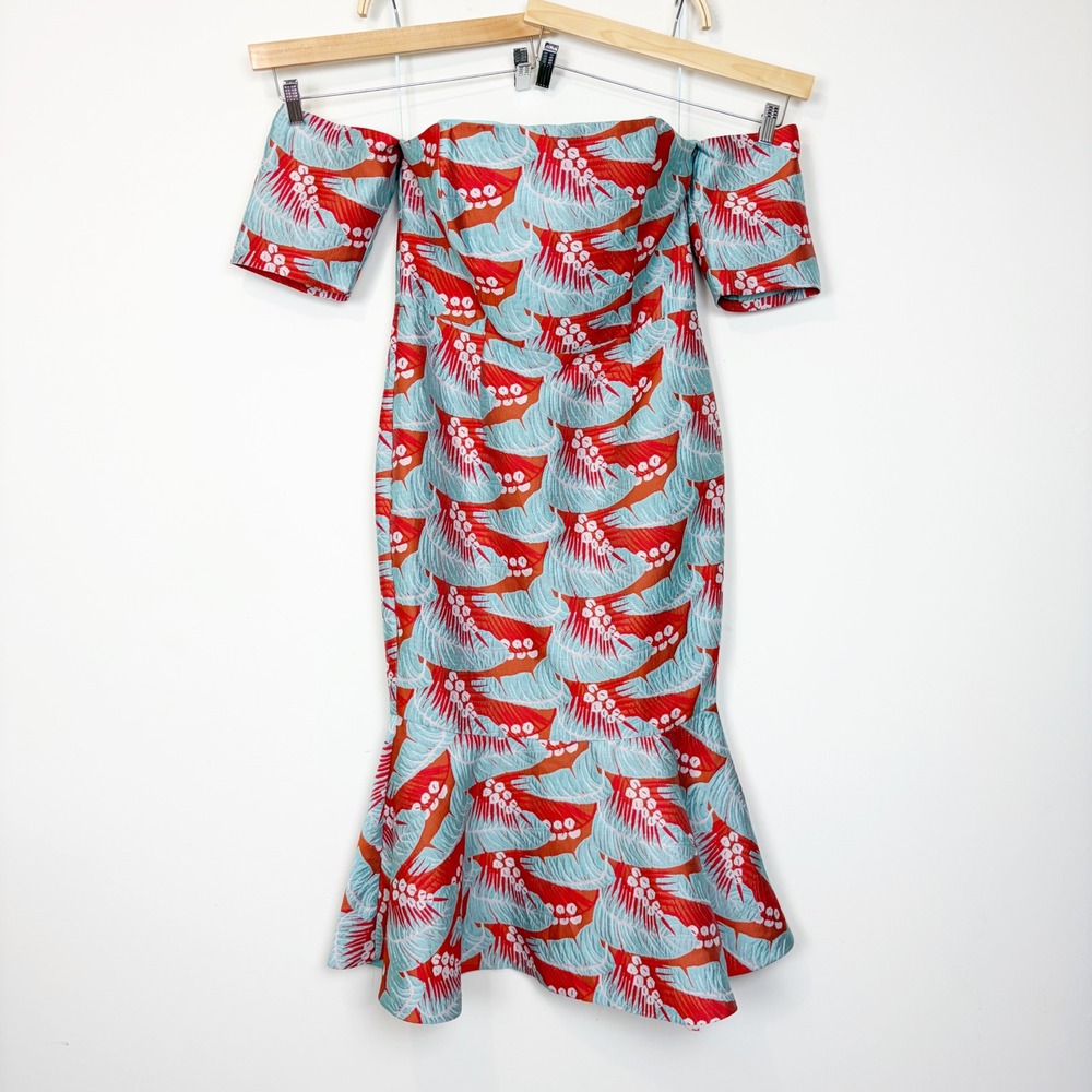 ASOS Tropical Leaf Jacquard Off Shoulder Mermaid Midi Dress Coral Turqoise Sz 10